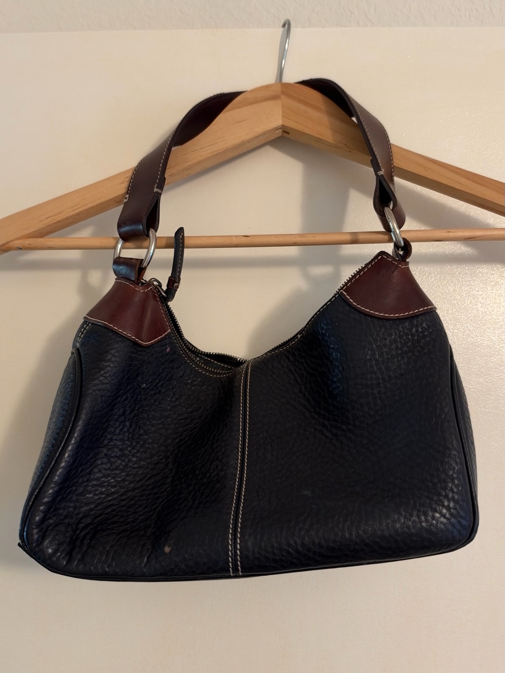 Dooney & Bourke Black Leather Shoulder Bag with Brown Trim
